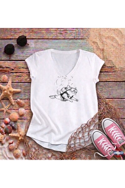 ScubaPromoTurkey Diving Cat V-Neck Flared Women's T-Shirt