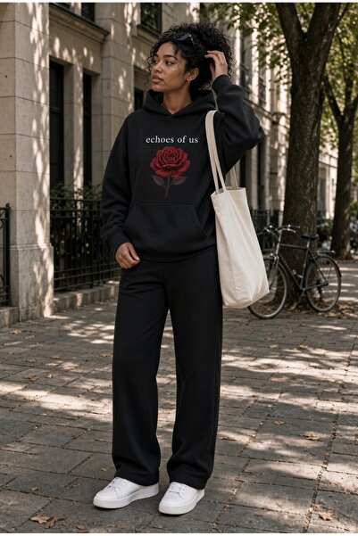 Baycombine35 Echo Rose ženska crna oversize trenirka set sa ružinim printom 2...