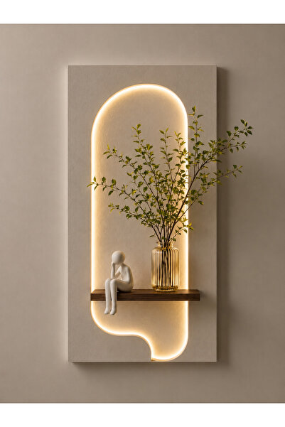 Pal Dekor LED Işıklı Modern Duvar Rafı | Dekoratif Ahşap Niş Raf