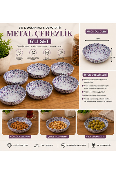 PANOROMA 6’lı Renkli Desenli Metal Çerezlik Seti – Kuruyemiş, İkramlık ve Atı...