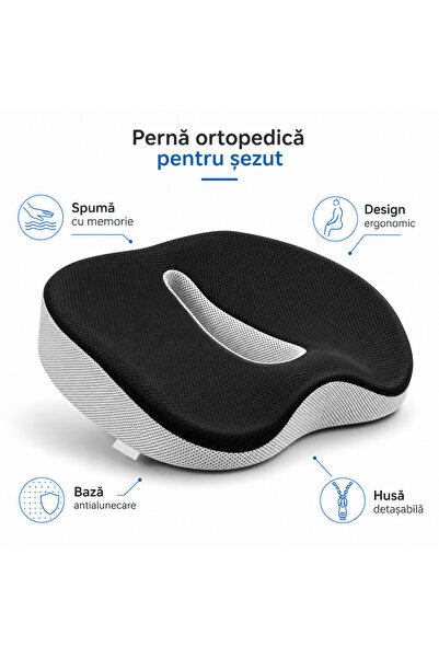 Zippi Pernă ortopedică din spumă cu memorie, Suport pentru coccis, Pentru scaun de birou/mașină, Antiderapantă, Husă detașabilă, 46×36×11 cm, Gri/Alb