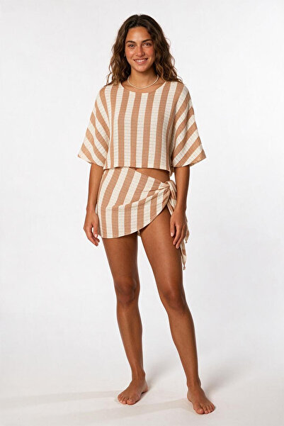 AQUELLA Knitwear Cream Striped Bat Crop Pareo Set