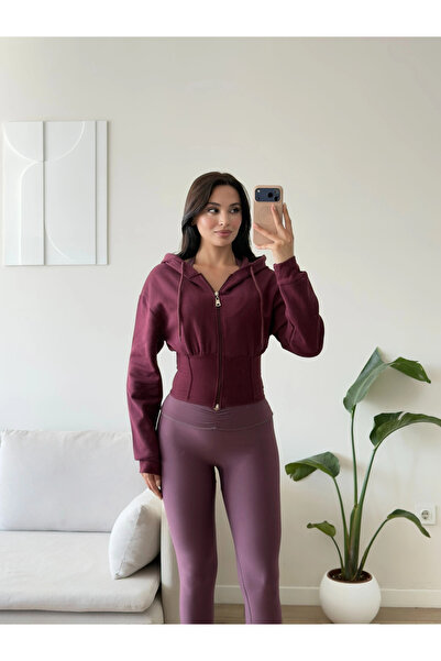 Zoom Butik Bel Korse Kapşonlu Hırka - BORDO