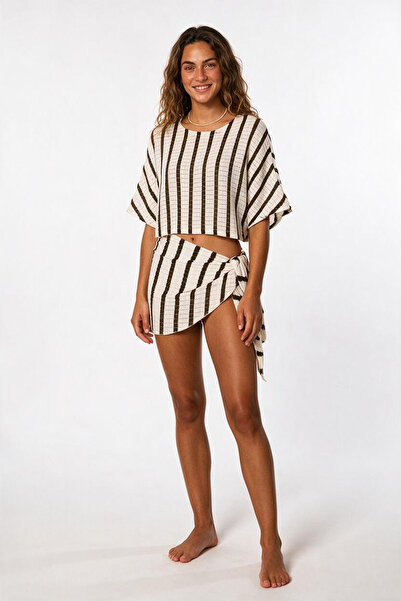 AQUELLA Knitwear Khaki Striped Bat Crop Pareo Set