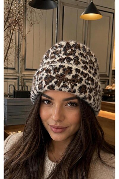 awix Women's Soft Textured Plush Winter Leopard Ribbon Patterned Beanie