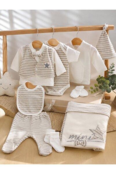 Pure Boutique Set nou nascut 10 piese gri cu dungi din bumbac, complet pentru...