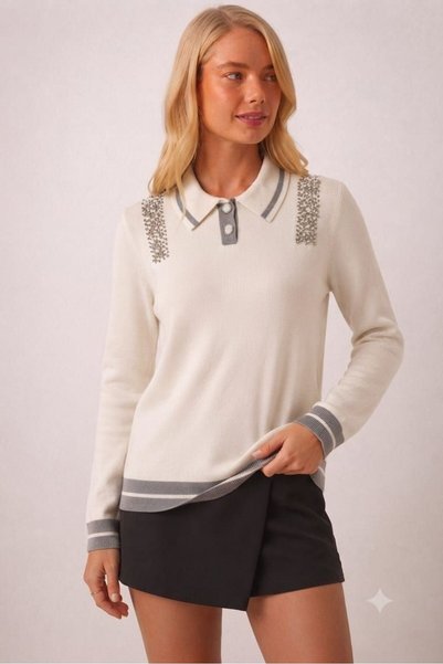 ZERELLE COLLECTİON Women's Knitwear Sweater Polo Collar Sweater with Pearl and Button Details