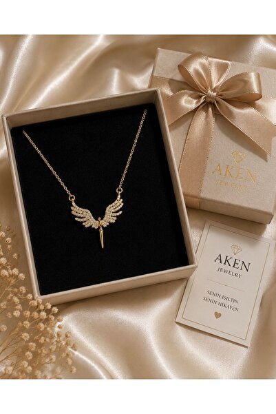 stainles steel Taşlı Melek Kanatlı Gold Kolye