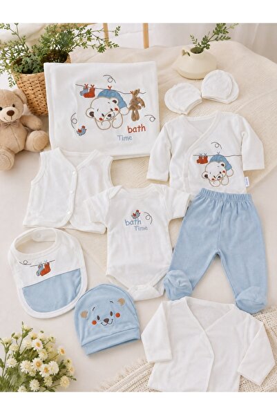 Pure Boutique Set nou nascut 10 piese bleu cu ursulet din bumbac, complet pen...