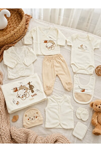 Pure Boutique Set nou nascut 10 piese din 100% bumbac Bath Time ivoire si bej...