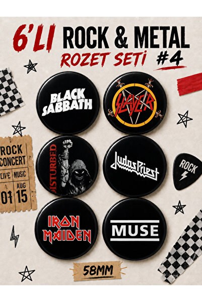 Rock & Metal 6’lı Rozet Seti #4 | Black Sabbath Slayer Disturbed Judas Priest Iron Maiden Muse | 58mm