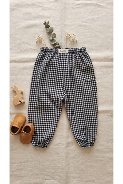 Unisex Bebek & Çocuk Siyah Beyaz Kareli Lastikli Paça Poplin Pantolon