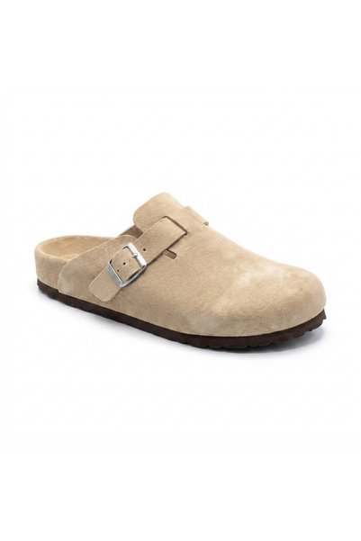Bequemere Mk406 Beige Genuine Suede Leather Full Covered Cork Sole Single Buckle Unisex Orthopedic Sabo Slippers