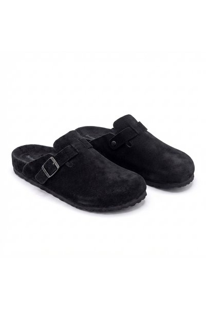 Bequemere Mk406 Black Genuine Suede Leather Full Covered Cork Sole Single Buckle Unisex Orthopedic Sabo Slippers