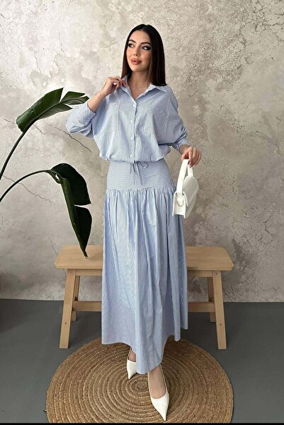 End Black Store Blue striped shirt with corsage and ruched skirt