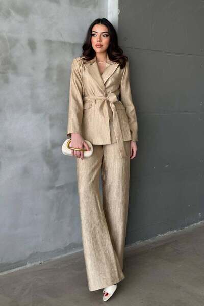 End Black Store Gold Shiny Belted Suit