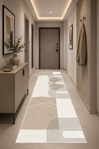 Serteks Bej Geometrik Desenli Baskılı Kaymaz Yıkanabilir Balkon Salon Oturma ...