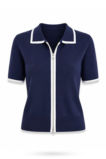 5in1Canpolat Navy Blue Short Sleeve Knitwear with Piping Detail 14999