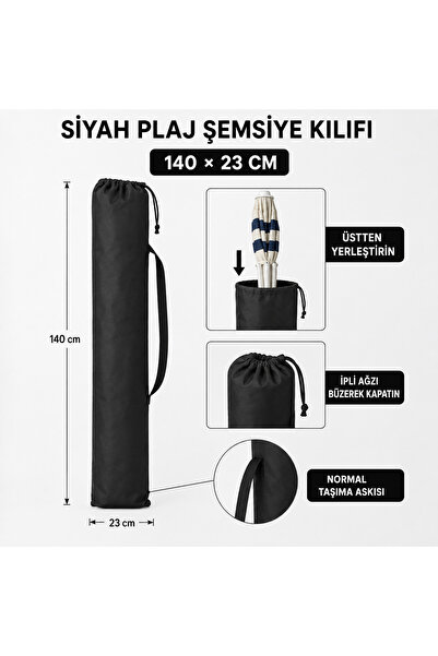 Magiclady Siyah Plaj Şemsiyesi Taşıma ve Saklama Kılıfı 140 × 23 cm İpli Büzgülü