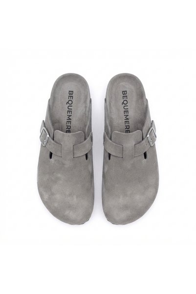 Bequemere Mk406 Smoked Genuine Suede Leather Full Covered Cork Sole Single Buckle Unisex Orthopedic Sabo Slippers