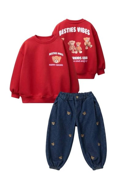 La ciel Paris Children's Top and Bottom Set: Teddy Bear Patterned Sweatshirt and Bear Piping Balloon Jeans Set