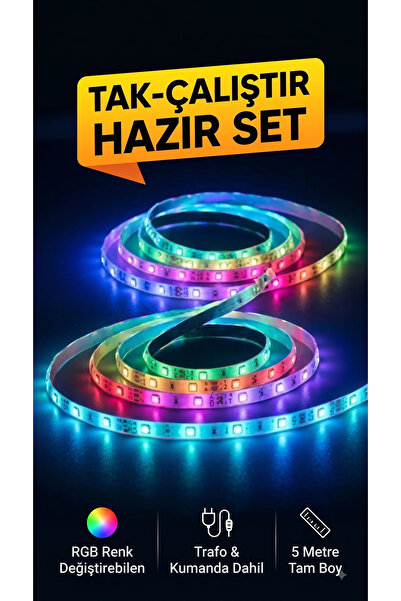Genel Markalar 5 Metre RGB Şerit LED Seti Tak Çalıştır - Kumandalı Trafolu Re...
