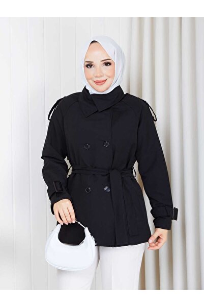 Vibeys Moda Keten Kumaş Dik Yaka Kruvaze Kadın Trençkot