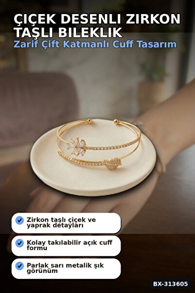 Mercansa Flower Patterned Zircon Stone Women's Bracelet - Brass Material - Si...