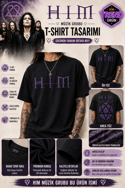FG KONNİCHİWA HIM Müzik Grubu Siyah Unisex Baskılı Sıfır Yaka T-Shirt
