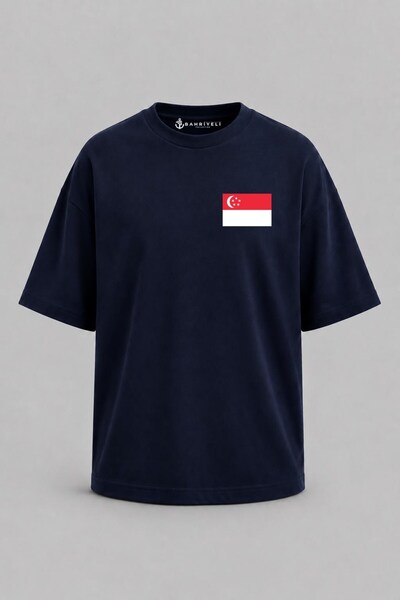 Bahriyeli Collection Oversize Singapore Flag Pocket Printed Unisex T-Shirt