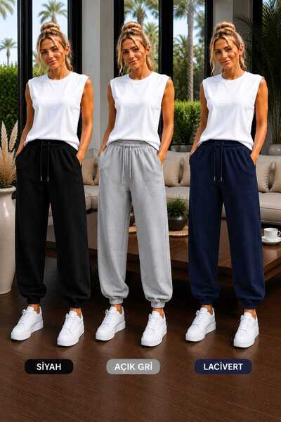 TREND ALİSSE 3 LÜ SİYAH GRİ LACİVERT PAÇA LASTİKLİ JOGGER EŞOFMAN ALTI