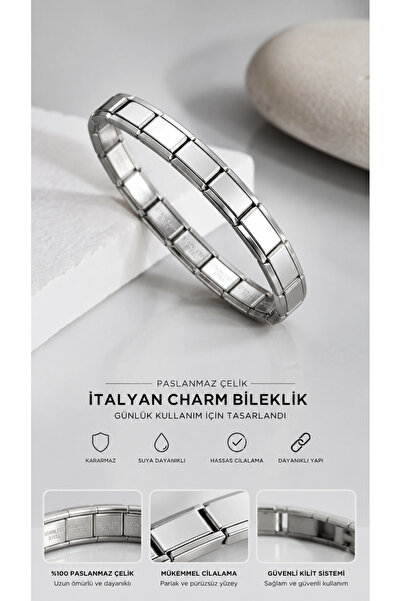 FEMBELT İtalyan Charm Bileklik Gümüş Renk Çelik Kadın Erkek Unisex