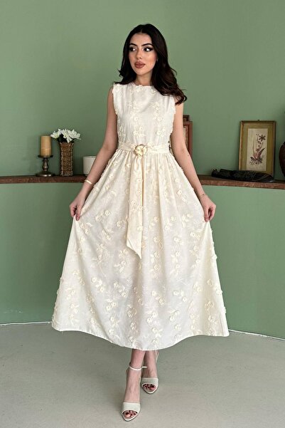 End Black Store Ecru 3D Brode Detailed Dress