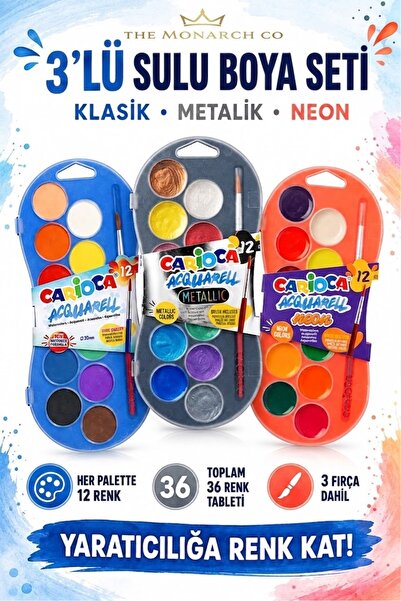 The Monarch Co 3'lü Sulu Boya Seti - Klasik, Metalik ve Neon Renkler Toplam 3...