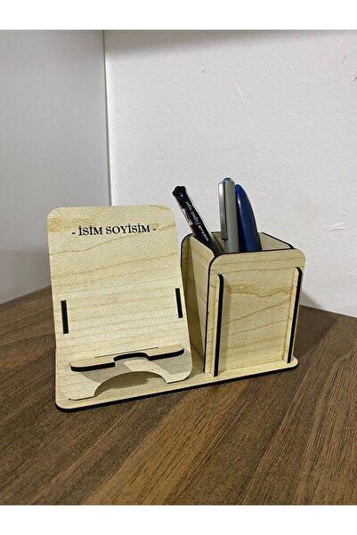 Vexlo Design Studio İsme Özel Ahşap Kalemlikli Telefon Standı – Masaüstü Düze...