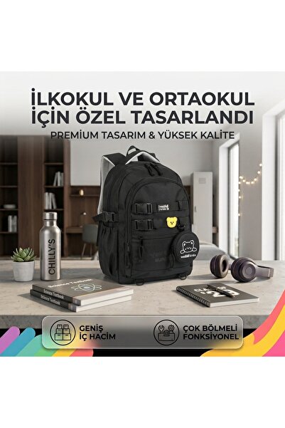 Waddell Premium Siyah Çok Bölmeli Su Geçirmez Laptop Bölmeli Ortopedik İlkoku...