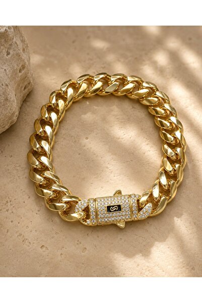 shinora.jewelry Lüks Gold Cuban Zincir Bileklik – Taşlı S Kilit