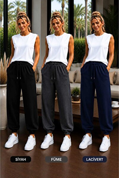 TREND ALİSSE 3 LÜ SİYAH FÜME LACİVERT PAÇA LASTİKLİ JOGGER EŞOFMAN ALTI