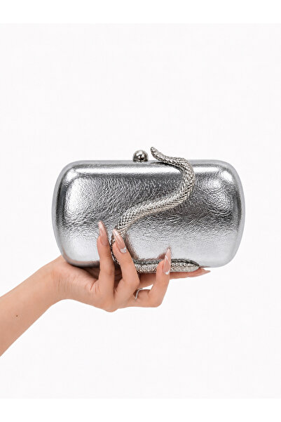 AYLESH Serpente Gümüş Yılan Detaylı Clutch Çanta