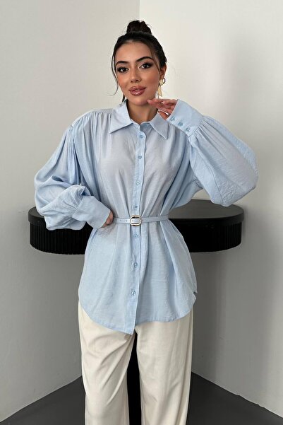 End Black Store Baby Blue Belt Detailed Modal Shirt