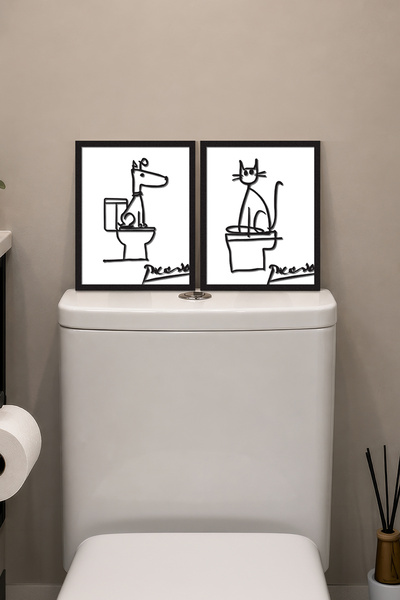 DEKORENZO Köpek Kedi Figürlü 2'li Set Wc Tablosu 45x25 cm Banyo Dekoru