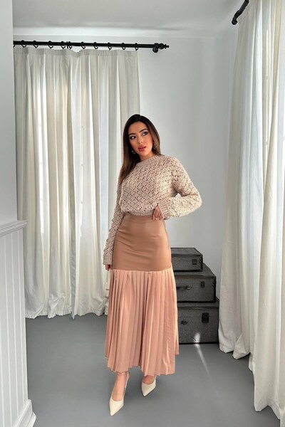 End Black Store Mink Bottom Pleated Leather Garnished Skirt