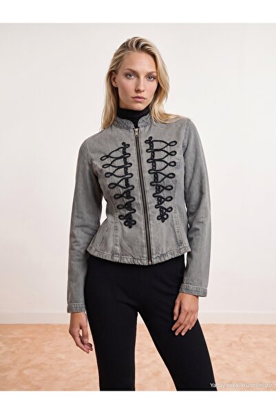 Dilvin 65394 100% Cotton Front Embroidered Denim Jacket-Grey