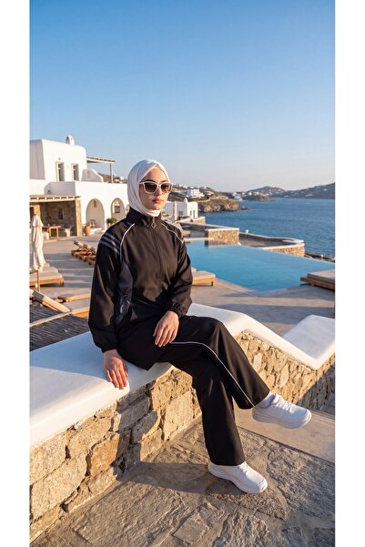 MİMİ Luxury Wear طقم بدلة رياضية نسائية بخطوط جانبية وياقة عالية وسحاب أمامي ...