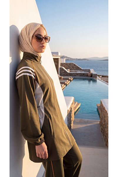 Wovi Moda Γυναικείο Σετ Φόρμας Χιτζάμπ με Λεπτομέρεια Ρίγες και Φερμουάρ