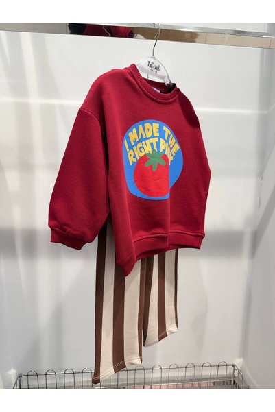 Generic Brand Children's Top and Bottom Set Tomato Printed Sweatshirt and Brown Striped Pants Set