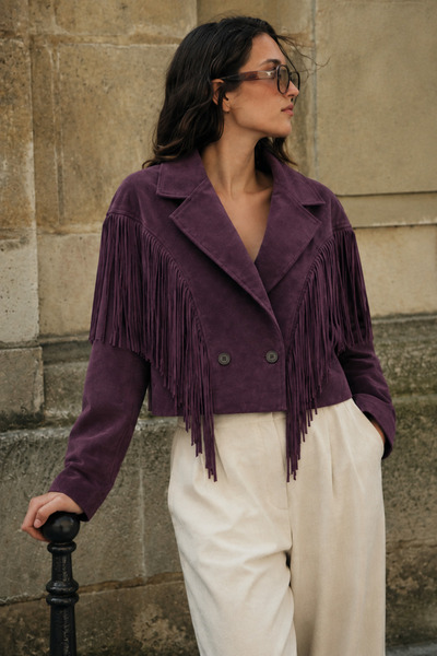BLACKPERA Dokuma Süet Püsküllü Crop Ceket – Western Cowboy Tarzı Kruvaze Düğm...