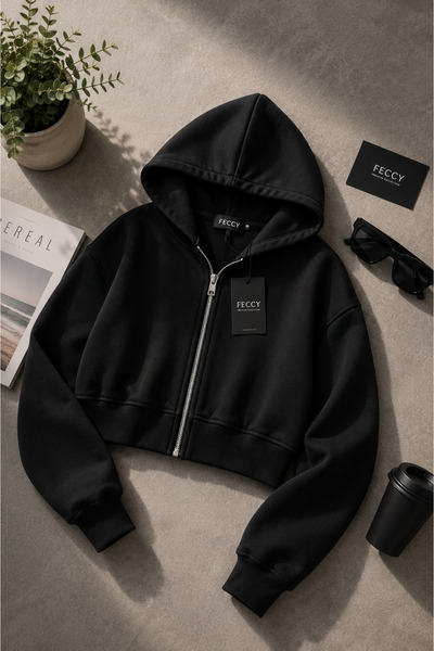 FECCY Premium Black Hooded Zippered Double Pocket Women's Crop Cardigan