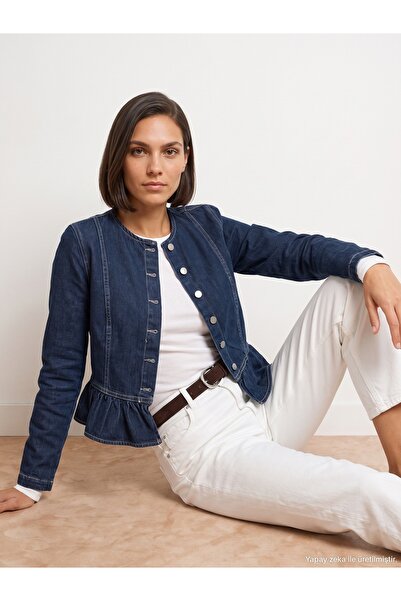 Dilvin 65395 Jachetă din denim cu gât crew, 100% bumbac - Albastru închis
