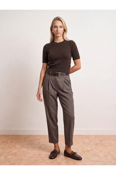 Dilvin 72792 Kemerli Pensli Pantolon-Kahve